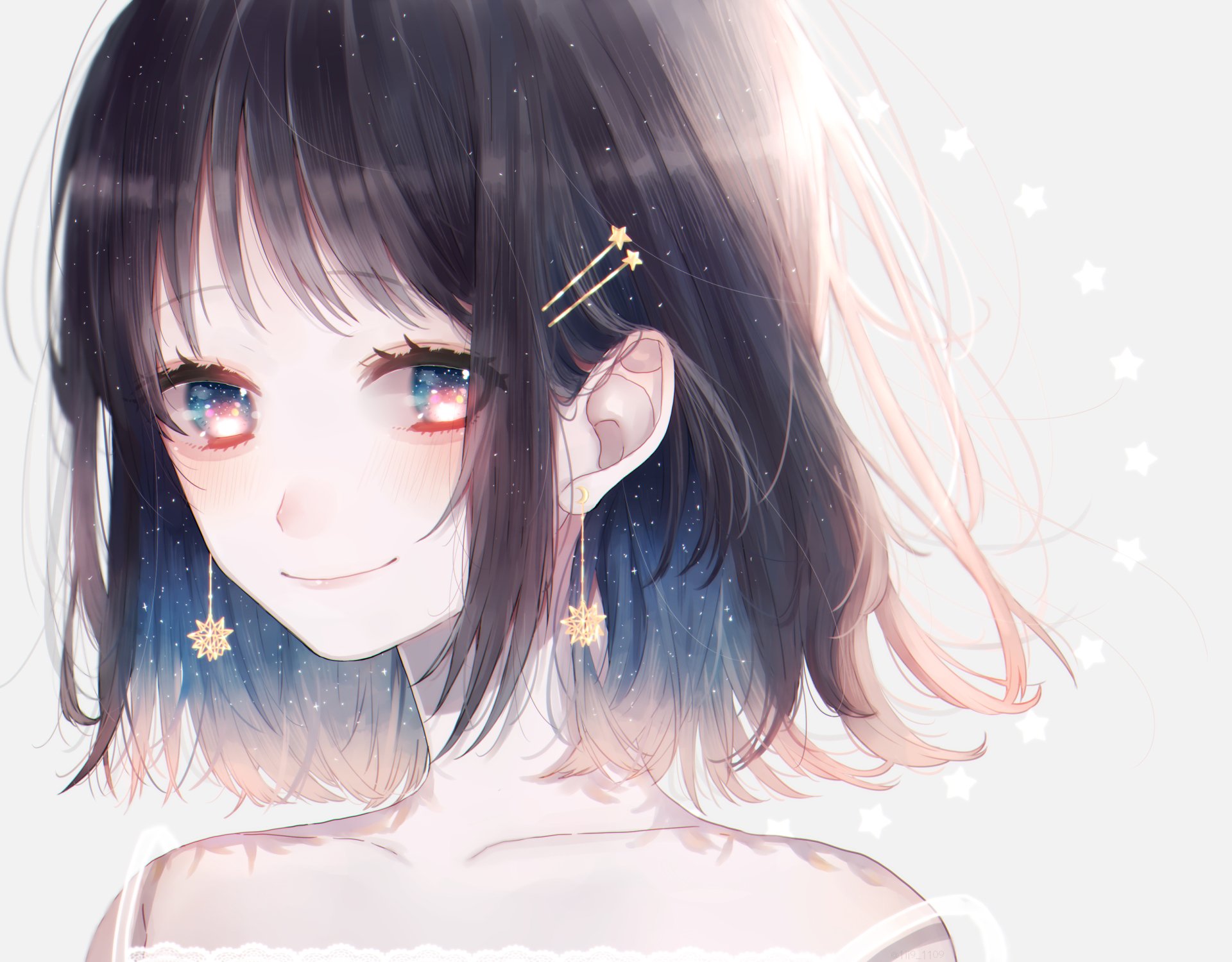 Anime-style HD desktop wallpaper of a smiling girl with short brown hair, blue eyes, and star-themed earrings, featuring a soft, light background with subtle stars.