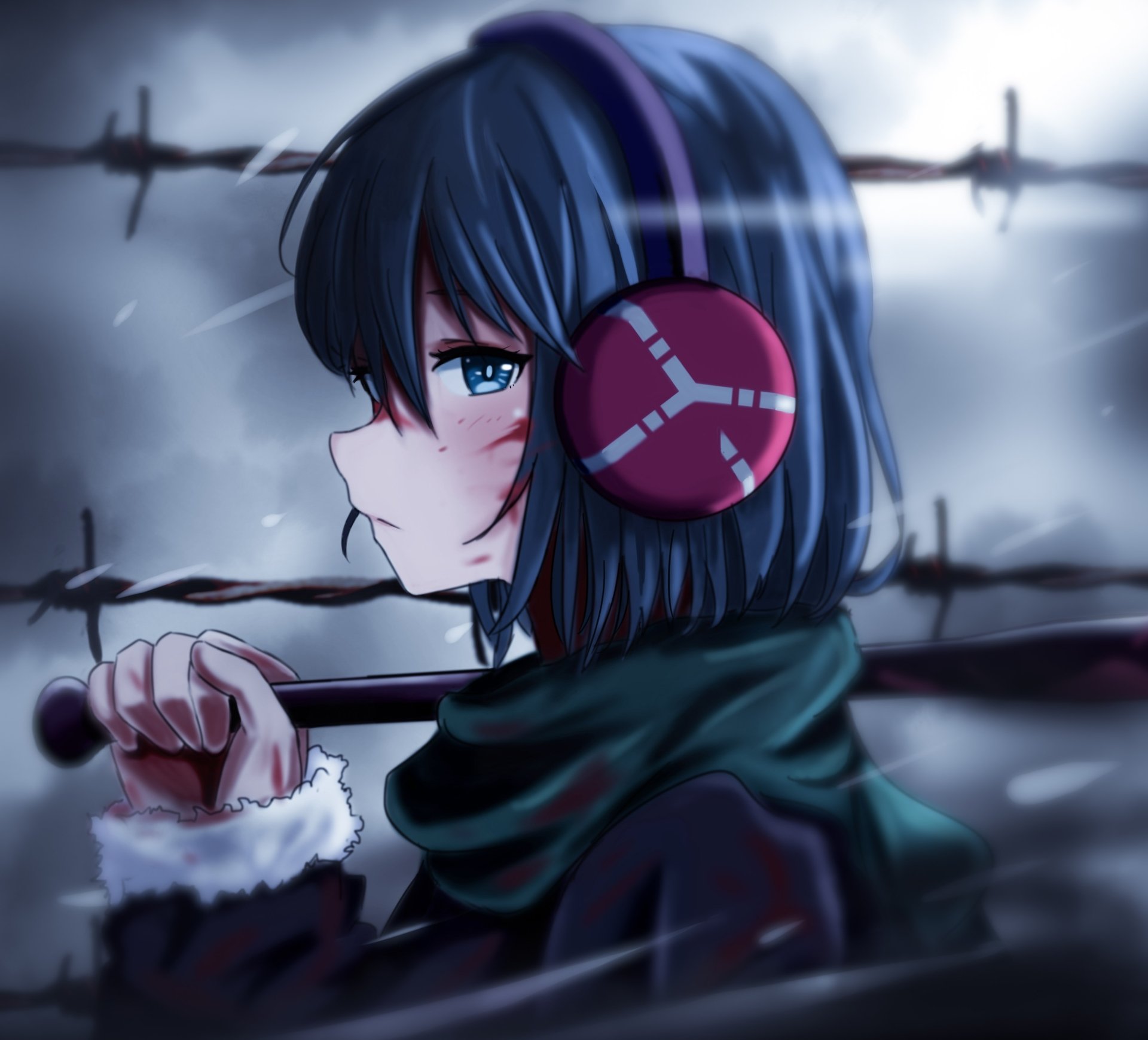 Anime-style original character with dark blue hair and red earmuffs, holding a bat, set against a moody, blurred background, rendered in 4K Ultra HD for PC desktop wallpaper.