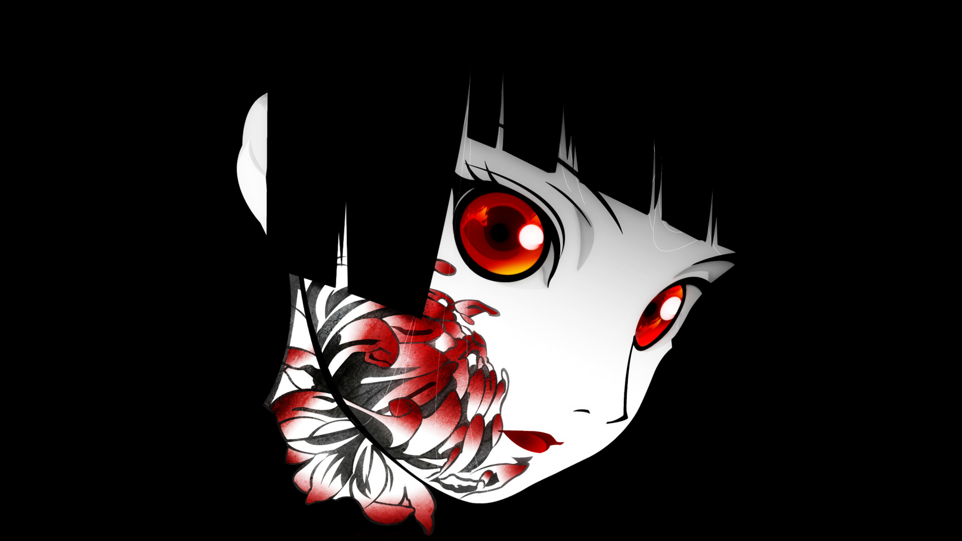 Close-up of Ai Enma (Hell Girl) with glowing red eyes and crimson floral markings on a pale face — 2K Quad HD PC desktop wallpaper/background, anime style.