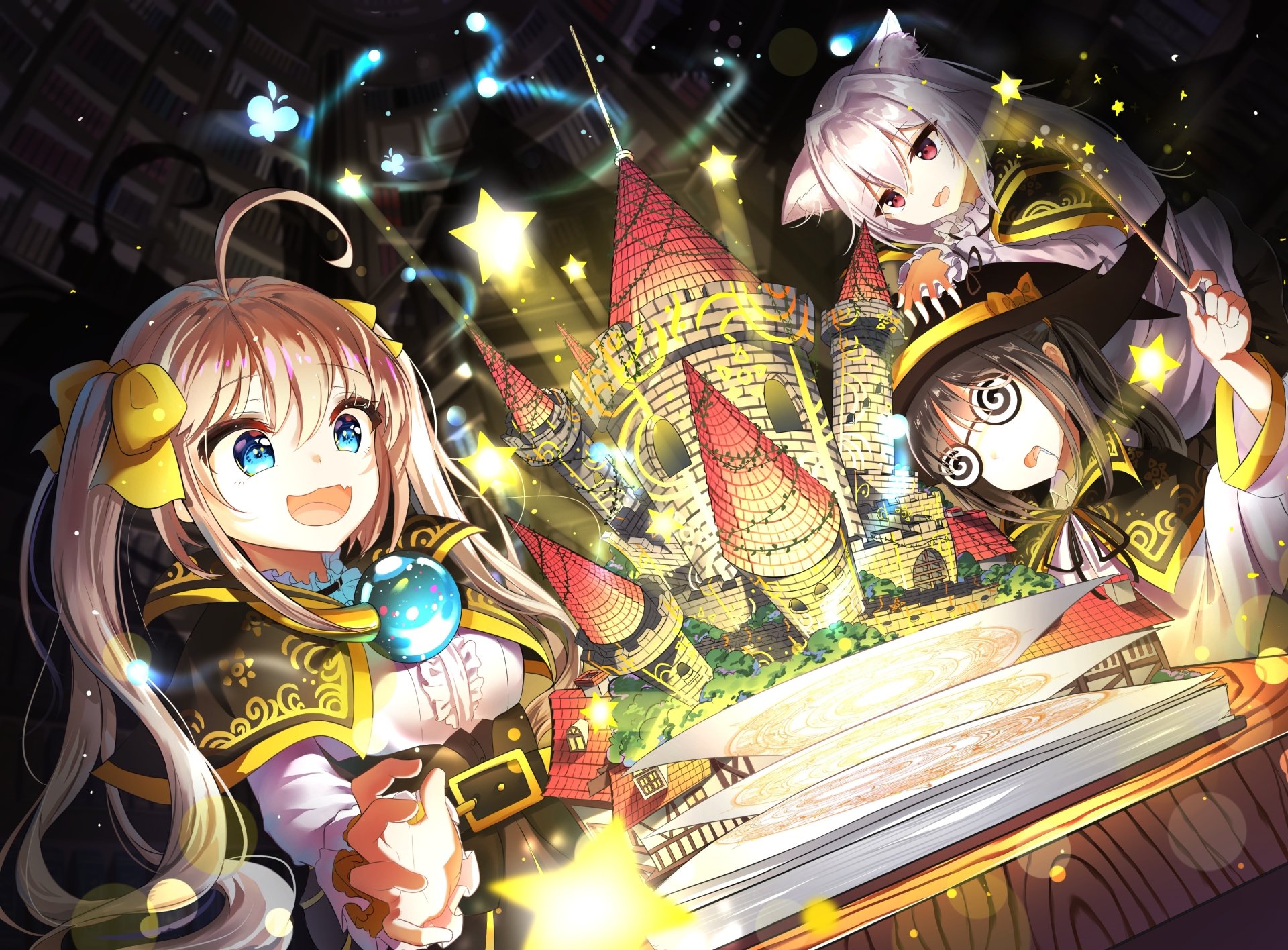 HD anime desktop wallpaper featuring three original characters in a magical setting, with a glowing castle and books in the foreground.