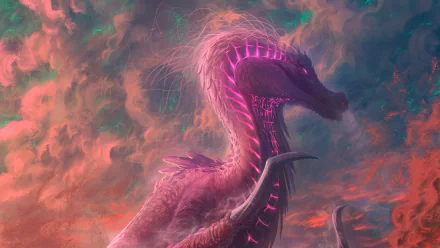 HD fantasy PC desktop wallpaper featuring a majestic dragon with glowing pink accents soaring through a vibrant, cloud-filled sky.