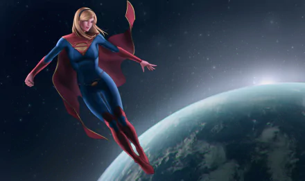 Supergirl (DC Comics comic) soars above Earth with her red cape streaming against a starry space sky — 2K Quad HD PC desktop wallpaper/background