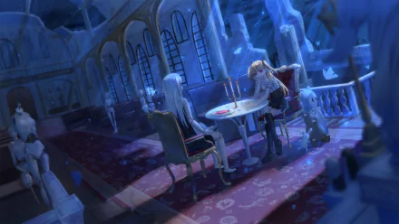 HD anime wallpaper featuring an original scene of two characters sitting at a candle-lit table in an elegant room with large windows and a red carpet.