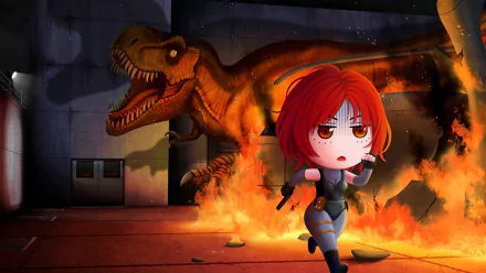 HD PC desktop wallpaper featuring a chibi-style Regina from the video game Dino Crisis running from a roaring T-Rex amidst flames and destruction.