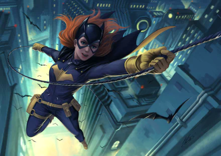 HD PC desktop wallpaper featuring Batgirl swinging through a cityscape, set in the DC Comics universe with vibrant colors and dynamic motion.