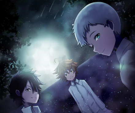 Emma, Ray, and Norman from The Promised Neverland appear in a captivating scene under a moonlit sky, featured in a stunning 4K Ultra HD wallpaper.