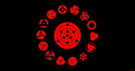 A HD desktop wallpaper featuring red Mangekyō Sharingan and Sharingan designs from Naruto and Boruto anime, set against a black background.