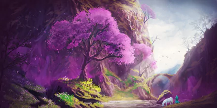 A fantasy landscape featuring a warrior with a horse near a vibrant pink-leaved tree, set on a mountainous path under a bright sky. HD desktop wallpaper and background.