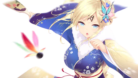 HD anime desktop wallpaper featuring Sena Kashiwazaki from Boku Wa Tomodachi Ga Sukunai in a detailed blue kimono with flowing blonde hair and a butterfly accessory.