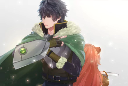 HD PC desktop wallpaper of Naofumi Iwatani and Raphtalia from the anime The Rising of the Shield Hero — Naofumi in cloak with shield, Raphtalia at his side.
