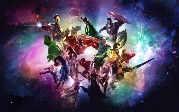 HD desktop wallpaper from Marvel Studios featuring an array of iconic movie characters in a dynamic and colorful cosmic background.