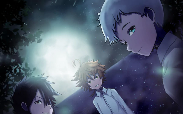 Emma, Ray, and Norman from The Promised Neverland appear in a captivating scene under a moonlit sky, featured in a stunning 4K Ultra HD wallpaper.