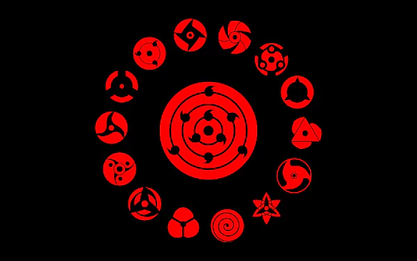 A HD desktop wallpaper featuring red Mangekyō Sharingan and Sharingan designs from Naruto and Boruto anime, set against a black background.