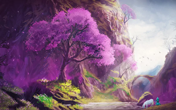 A fantasy landscape featuring a warrior with a horse near a vibrant pink-leaved tree, set on a mountainous path under a bright sky. HD desktop wallpaper and background.