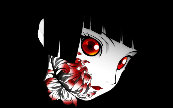 Close-up of Ai Enma (Hell Girl) with glowing red eyes and crimson floral markings on a pale face — 2K Quad HD PC desktop wallpaper/background, anime style.