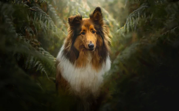 A Shetland Sheepdog stands alert amidst lush greenery, captured in ultra-detailed 4K Ultra HD quality for a vibrant PC desktop wallpaper.