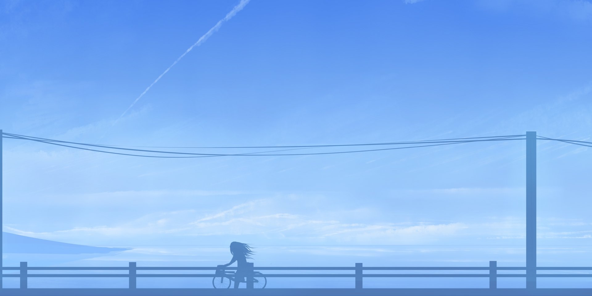 Anime-style HD desktop wallpaper featuring a serene blue sky with wispy clouds and a silhouette of a person riding a bicycle along a bridge.