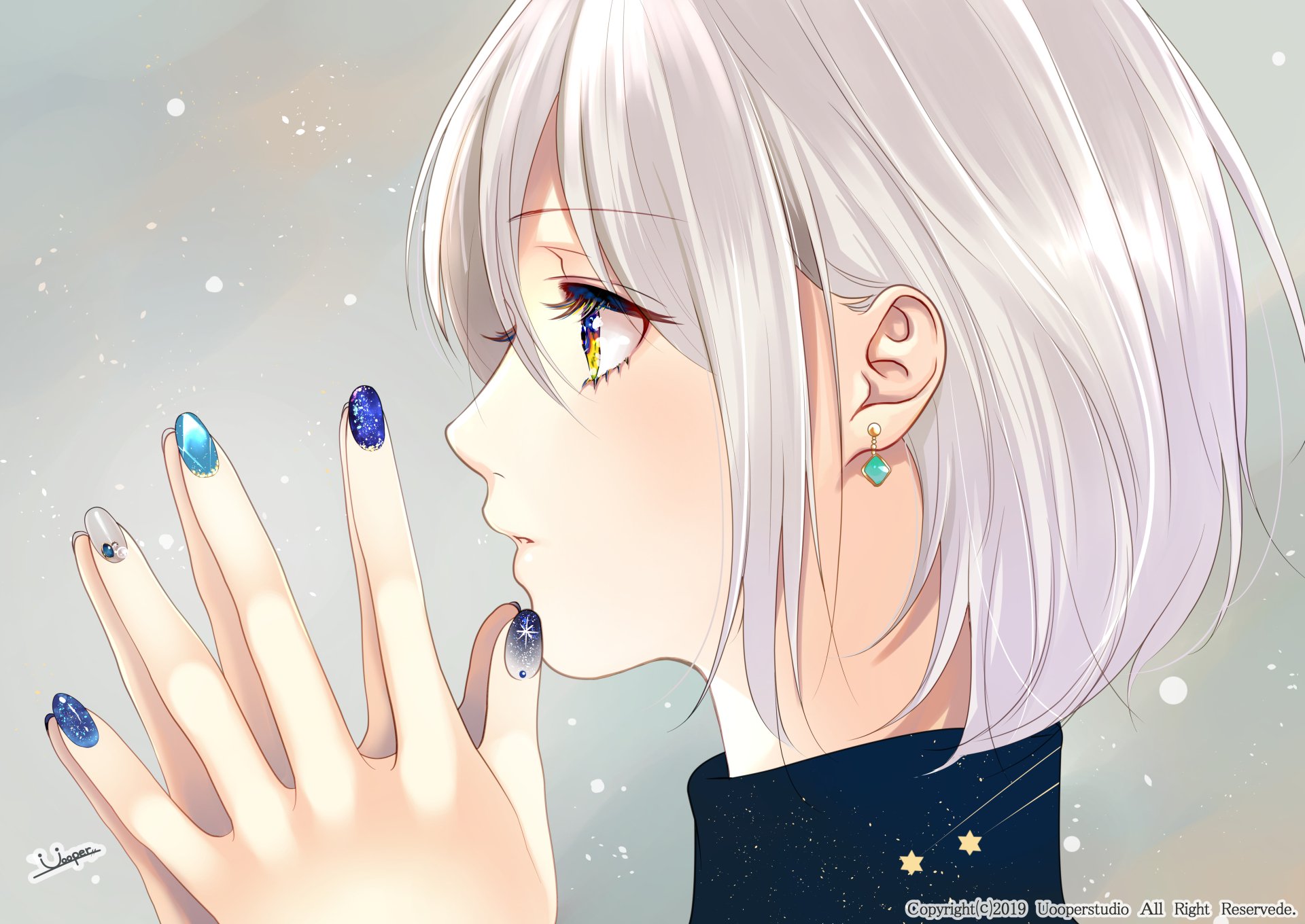 Anime-style character with white short hair, yellow eyes, and earrings, gazing thoughtfully. The character is set against a soft, gradient background with sparkling accents. HD desktop wallpaper.