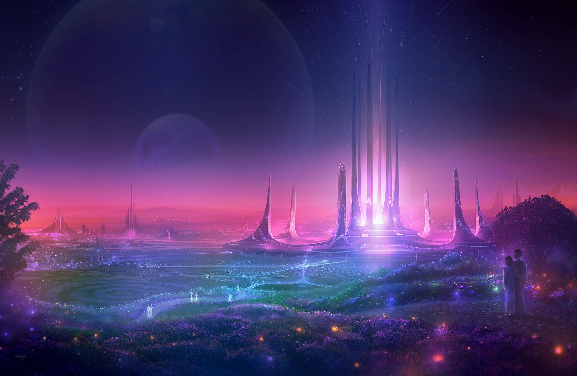 HD desktop wallpaper featuring a vibrant sci-fi cityscape with glowing towers, a radiant sky, and a luminous, sprawling landscape.