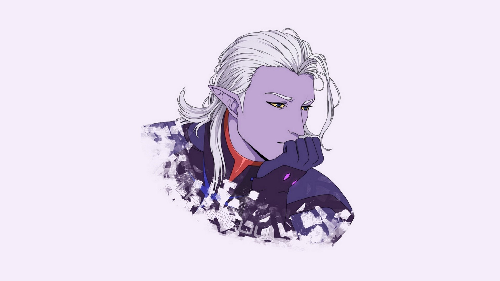 Anime HD desktop wallpaper: Voltron: Defender of the Universe character—white‑haired, purple‑skinned figure in a pensive pose with fragmented digital accents on a pale background.