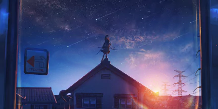 An Anime scene showing a character standing on a rooftop against a starry sky with shooting stars and a sunset, designed as a HD desktop wallpaper and background.