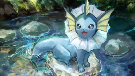 Anime-style HD desktop wallpaper of Vaporeon (Pokémon) sitting on a rock in a serene water setting, surrounded by nature.
