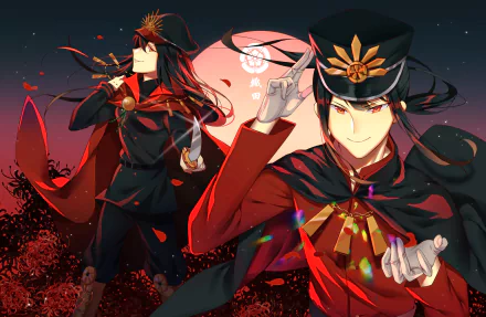 2K Quad HD PC desktop wallpaper of Fate/Grand Order anime: Oda Nobunaga and Oda Nobukatsu in red-black uniforms before a blood-red moon, petals drifting across a night sky.
