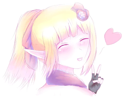HD PC desktop wallpaper of a smiling blonde elf girl from the video game Dragon Nest, eyes closed and flashing a peace sign beside a floating pink heart.