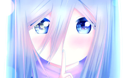 HD PC desktop wallpaper from the video game Dragon Nest featuring a close-up of a character with long light hair and bright blue eyes making a shushing gesture.