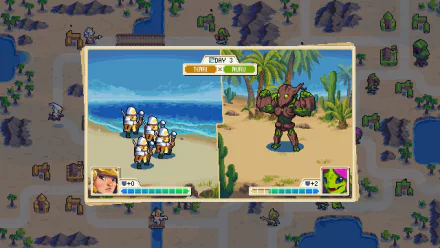 HD desktop wallpaper featuring a battle scene from the game Wargroove with pixel art characters and tropical terrain.