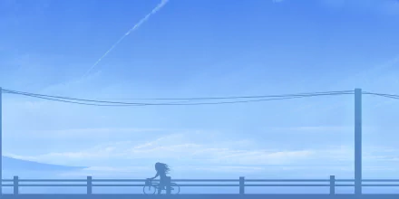 Anime-style HD desktop wallpaper featuring a serene blue sky with wispy clouds and a silhouette of a person riding a bicycle along a bridge.