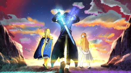 HD desktop wallpaper featuring Alice Zuberg, Asuna Yuuki, and Kazuto Kirigaya (Kirito) from Sword Art Online: Alicization in a crossover theme with Devil May Cry 5. The characters stand against a vivid sunset.