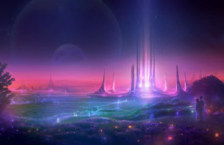 HD desktop wallpaper featuring a vibrant sci-fi cityscape with glowing towers, a radiant sky, and a luminous, sprawling landscape.