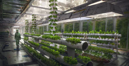 Futuristic laboratory farm with a scientist tending to vertical hydroponic plants in a high-tech, sci-fi environment, captured as an HD PC desktop wallpaper.