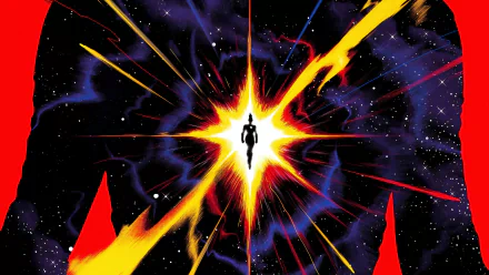 Vibrant 4K Ultra HD comic wallpaper featuring Captain Marvel bursting through cosmic energy with dynamic yellow and red streaks against a starry space background.