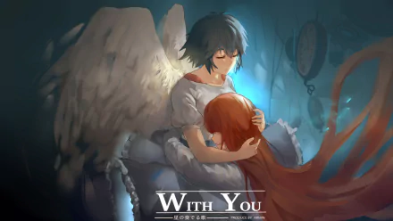 Steins;Gate anime HD desktop wallpaper: an angelic winged young man cradles a red-haired girl in a glowing blue chamber, With You text at the bottom.