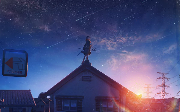 An Anime scene showing a character standing on a rooftop against a starry sky with shooting stars and a sunset, designed as a HD desktop wallpaper and background.