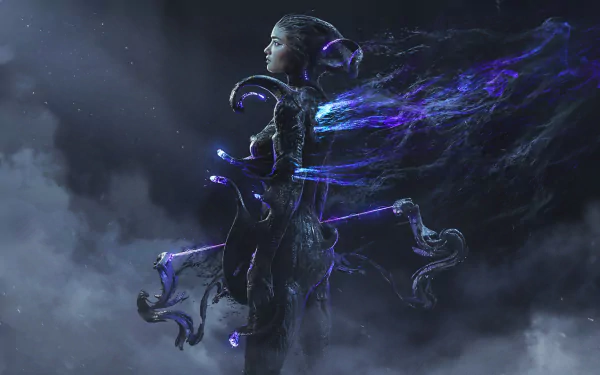 HD fantasy PC wallpaper featuring a dark demon figure with glowing horns and a mystical bow, set against a smoky, ethereal background.
