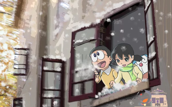 HD anime desktop wallpaper featuring Shizuka Minamoto, Nobita Nobi, and Doraemon looking out a window with snow falling outside.