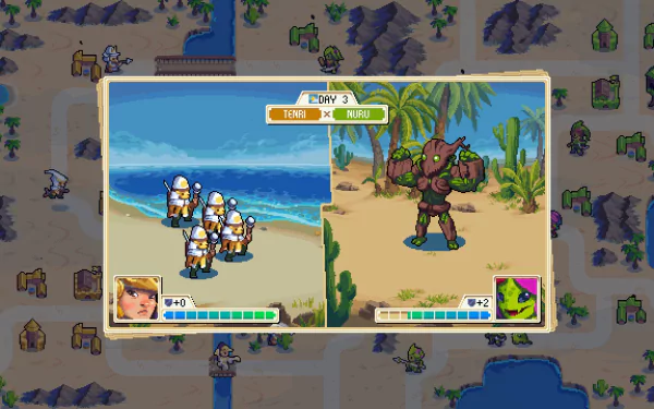 HD desktop wallpaper featuring a battle scene from the game Wargroove with pixel art characters and tropical terrain.