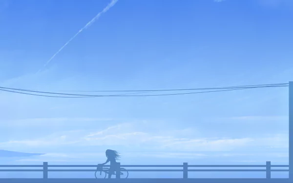 Anime-style HD desktop wallpaper featuring a serene blue sky with wispy clouds and a silhouette of a person riding a bicycle along a bridge.