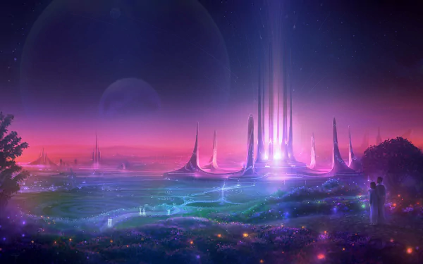 HD desktop wallpaper featuring a vibrant sci-fi cityscape with glowing towers, a radiant sky, and a luminous, sprawling landscape.
