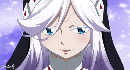 Close-up of Sister Ivry from Edens Zero, anime 2K Quad HD desktop wallpaper featuring her white hair, blue eyes, and serene smile against a purple starry background.