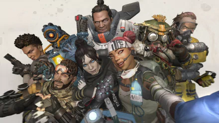 HD wallpaper featuring Apex Legends characters Bloodhound, Gibraltar, Wraith, Pathfinder, Bangalore, Mirage, Lifeline, and Caustic in action poses.