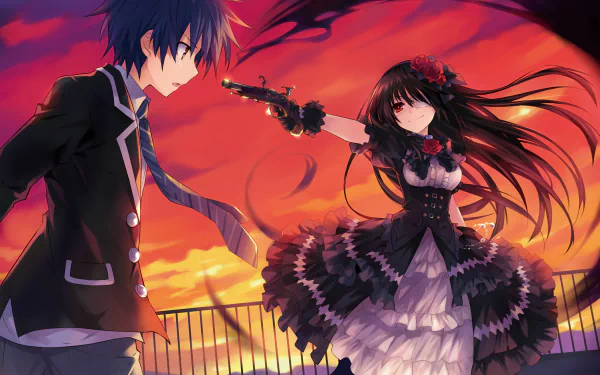 HD desktop wallpaper of Kurumi Tokisaki and Shido Itsuka from the anime Date A Live, portrayed against a vibrant sunset backdrop.