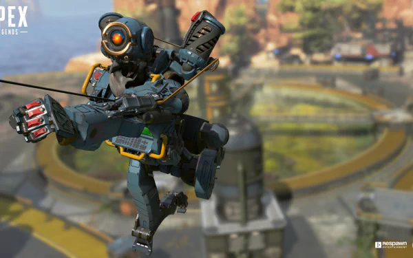 HD wallpaper featuring Pathfinder from Apex Legends against a blurred in-game landscape background.