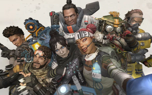HD wallpaper featuring Apex Legends characters Bloodhound, Gibraltar, Wraith, Pathfinder, Bangalore, Mirage, Lifeline, and Caustic in action poses.