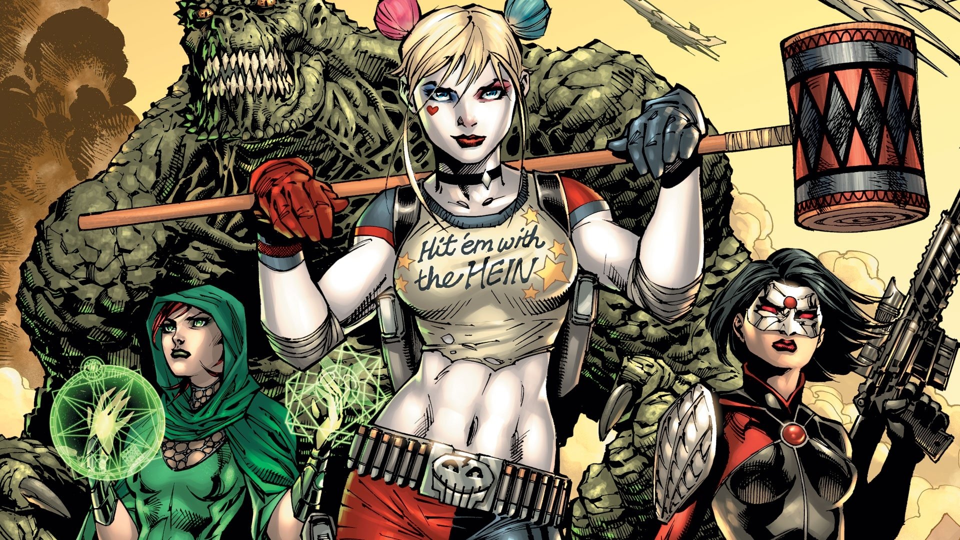 HD PC desktop wallpaper: DC Comics Suicide Squad comic art of Harley Quinn front-and-center with mallet, flanked by teammates and a monstrous ally against a dramatic background.