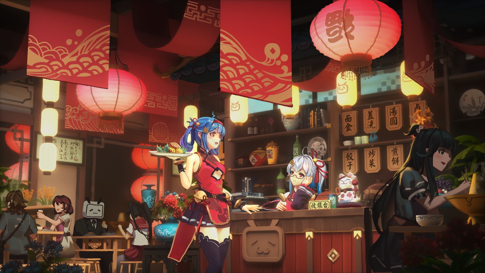 HD anime-style PC desktop wallpaper featuring a vibrant Bili Bili Douga scene with characters in a cozy, lantern-lit Japanese-style café setting.