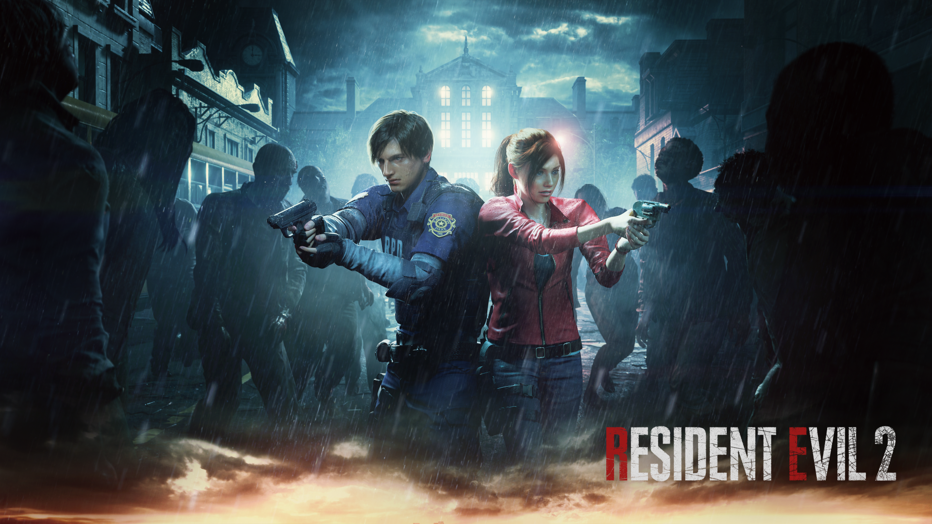 Leon S. Kennedy and Claire Redfield stand back-to-back, aiming guns at approaching zombies in this 4K Ultra HD wallpaper from the video game Resident Evil 2 (2019).
